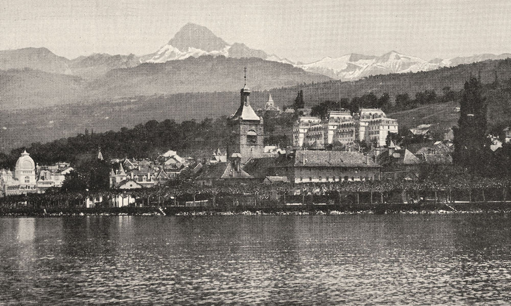 HAUTE- SAVOIE. Évian- les- bains et la dent D'oche 1900 old antique print